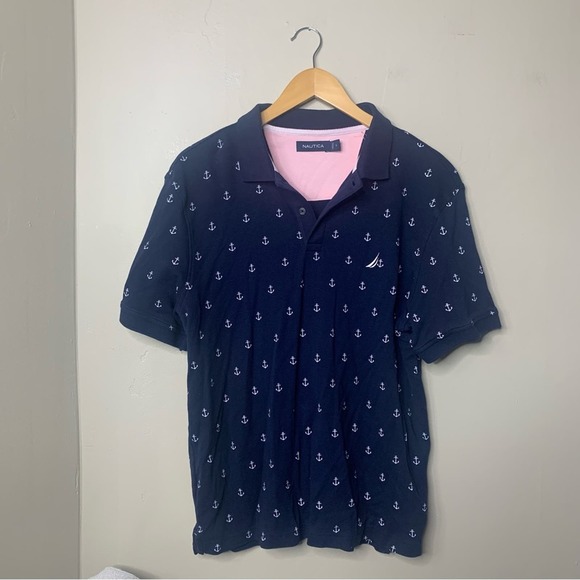 Nautica Other - Nautica Men’s Anchor Print Short Sleeve Deck Polo Size Large Navy Blue Beach